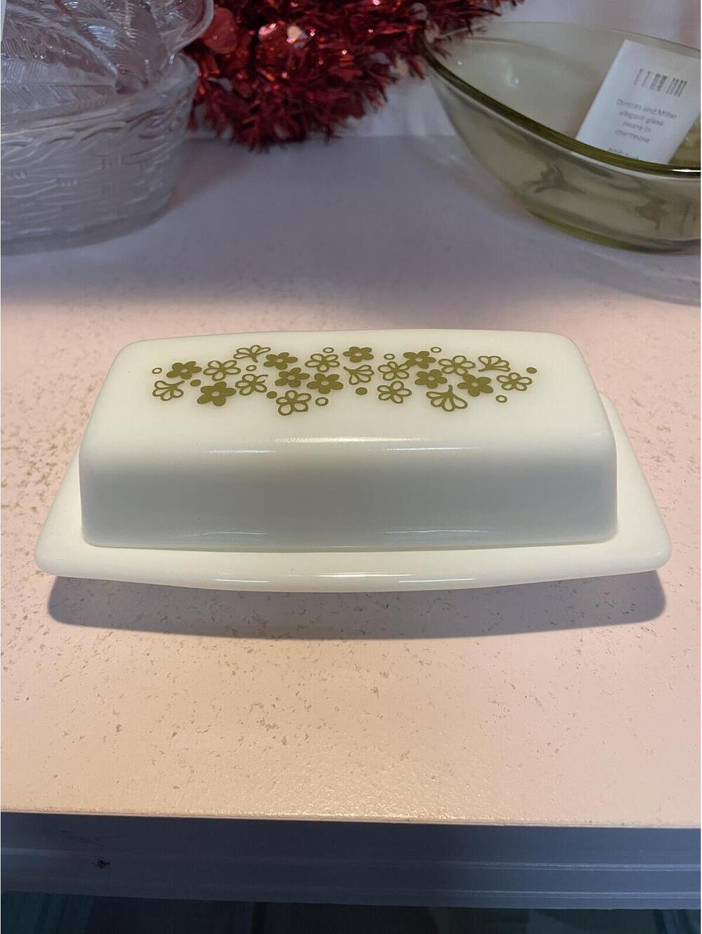 Vintage Pyrex Spring Blossom Crazy Daisy Butter Dish Green Floral Milk Glass